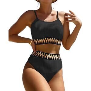 Zuvebamyo High Waisted 2-Piece Ribbed Bikini Set Crop Top High Cut Cheeky,Med